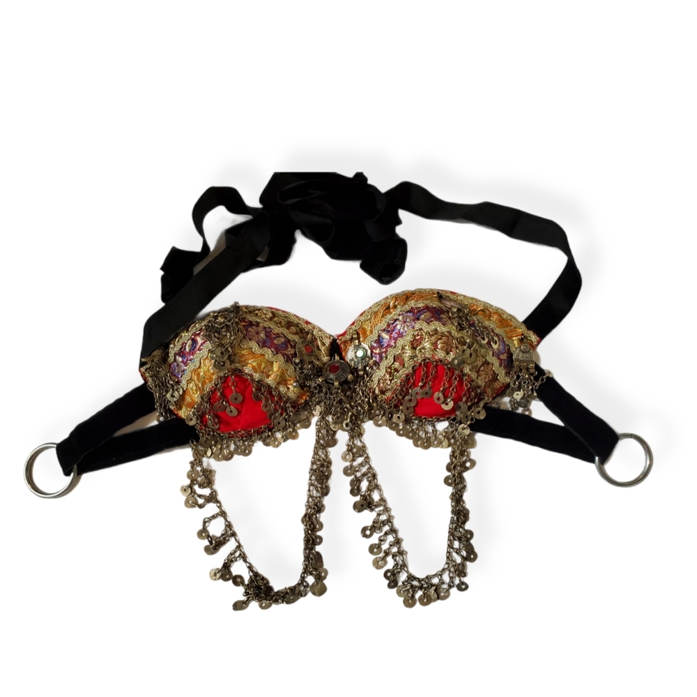 Embellished Black & Red Dance Bra with Gold Coin Trim